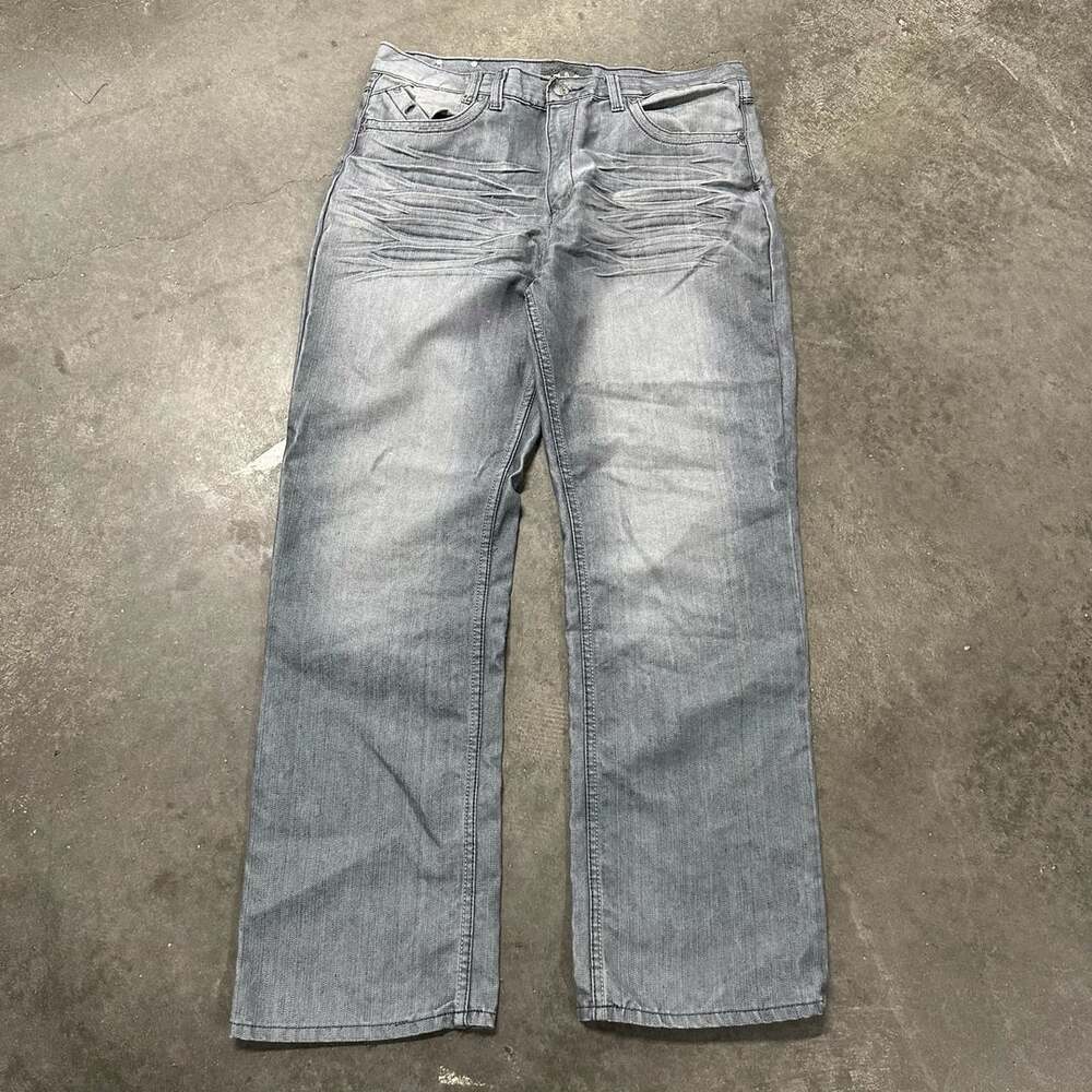 Chams Jeans Size 38 Y2K Baggy Distressed Whiskered Embroidered Denim